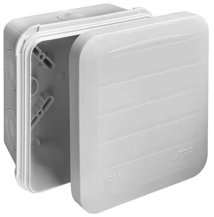 Коробка распределительная квадратная 8.5 см x 8.5 см, глубина 4.5 см, наружный монтаж, IP65, вводов:8, серый, с крышкой, Ruvinil (67240)