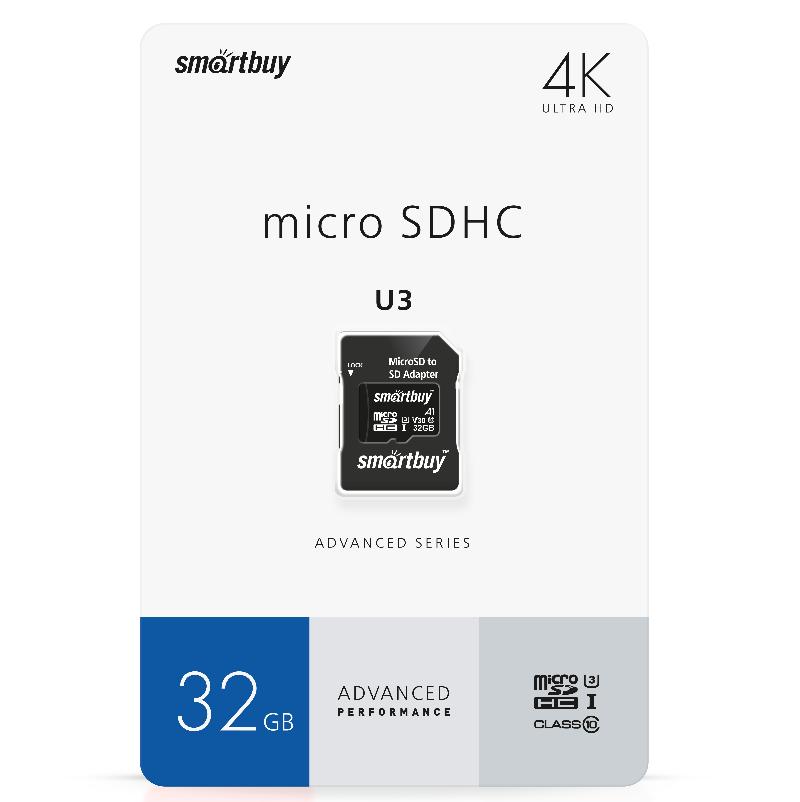 

Карта памяти 32Gb microSDHC SmartBuy Advanced Class 10 UHS-I U3 V30 A1 + адаптер (SB32GBSDU1A-AD), SB32GBSDU1A-AD