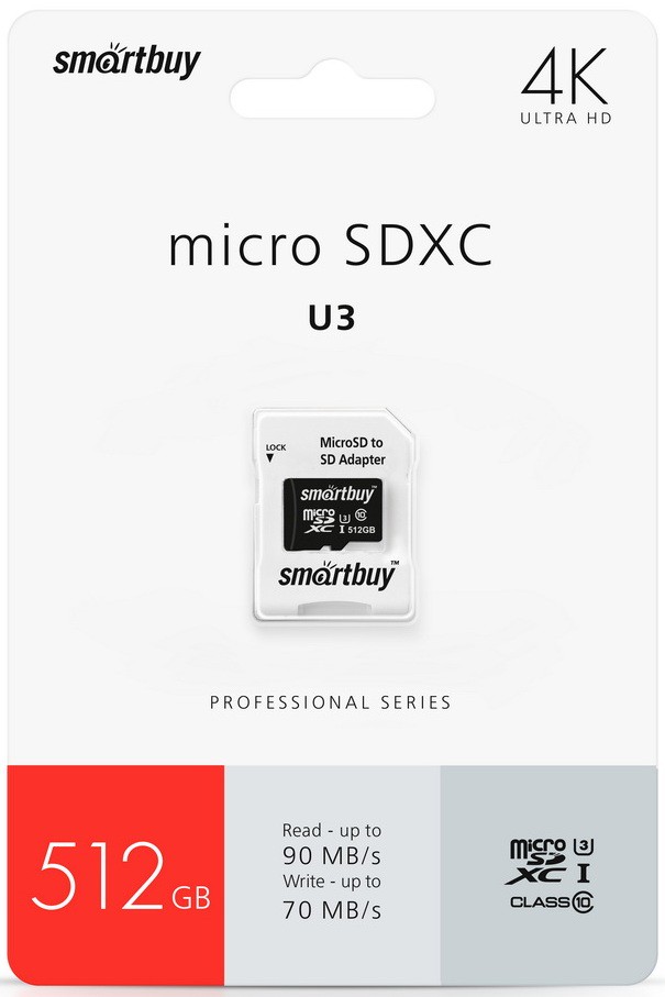 

Карта памяти 512Gb microSDXC SmartBuy Pro Class 10 UHS-I U3 + адаптер (SB512GBSDCL10U3-01), SB512GBSDCL10U3-01