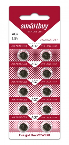 

Батарея Smartbuy BUTTON CELLS, AG7, 399, LR926, LR927, 1.5V, 10шт. (SBBB-AG7-10B)