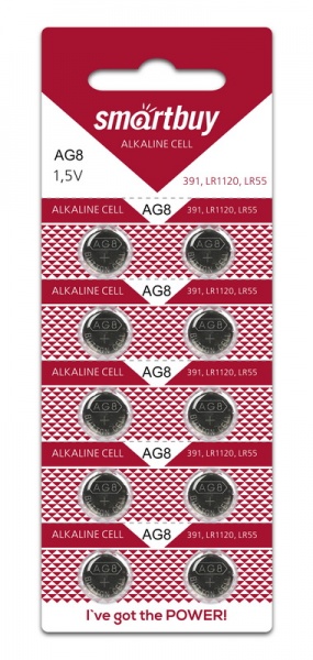 

Батарея Smartbuy BUTTON CELLS, AG8, 391, LR1120, 1.5V, 10шт. (SBBB-AG8-10B )