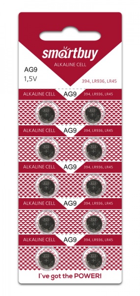 

Батарея Smartbuy BUTTON CELLS, AG9, 394, LR939, 1.5V, 10шт. (SBBB-AG9-10B)