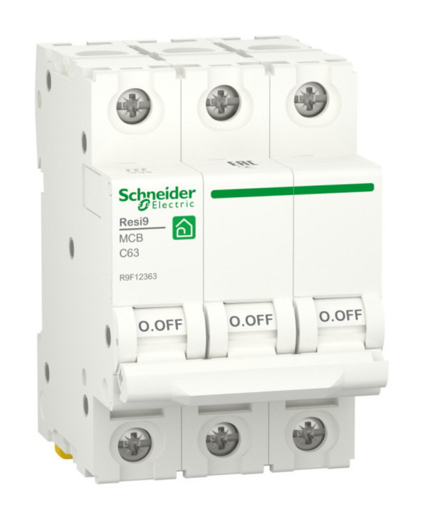 

Выключатель автоматический Schneider Electric Resi9 трехполюсный (3P/3П) 63A C 6кА (R9F12363), 0