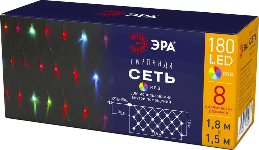 

Гирлянда ЭРА ENIS-01R светодиодная сетка, ламп: 180шт., 1.8м x 1.5м, режимов: 8, разноцветный (б0041902), ENIS-01R