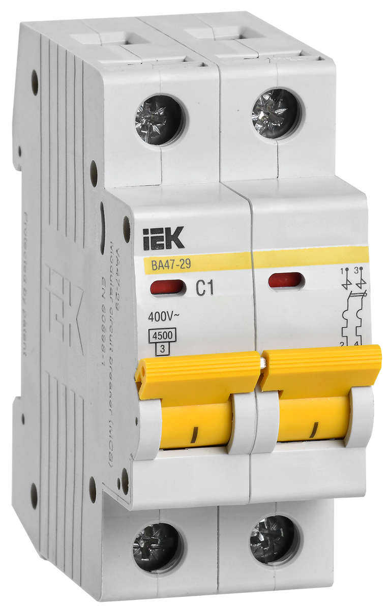 

Выключатель автоматический IEK ВА47-29 двухполюсный (2P/2П) 1A B 4.5кА (MVA20-2-001-B), ВА47-29