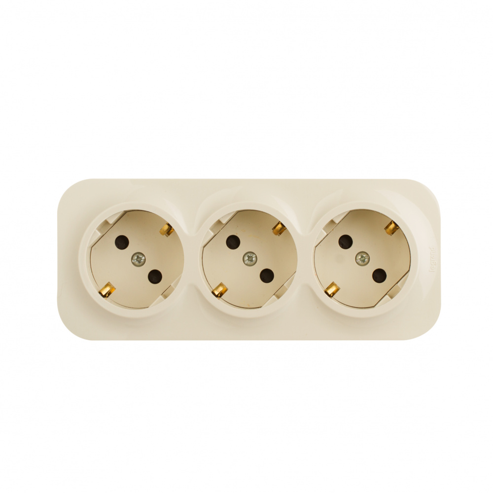 

Розетка Legrand Quteo, открытый монтаж, 3-х постовая, с з/к, со шторками, 16A, в сборе, IP20, слоновая кость (782268)