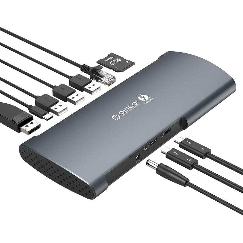 Многофункциональная док-станция Orico TB3-S1-GY, Thunderbolt3->USB-A 3.0 х 1 (5 ГБ), USB-A 3.1 х 2 (10 ГБ), USB-C 3.1 х 1 (10 ГБ) , SD х 1 (до 2 ТБ), DP х 1 (8K при 60 Гц) , RJ45 х 1 (1000 Мбит / с), Thunderbolt3 х 1 (40 ГБ, 15 Вт), серый