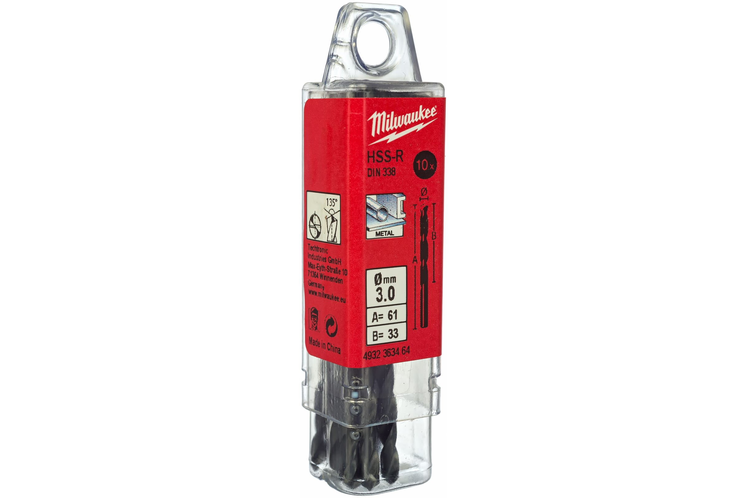 

Сверло спиральное ⌀3мм x 61мм/33мм, HSS-R, по металлу, Milwaukee, 10шт. (4932363464)