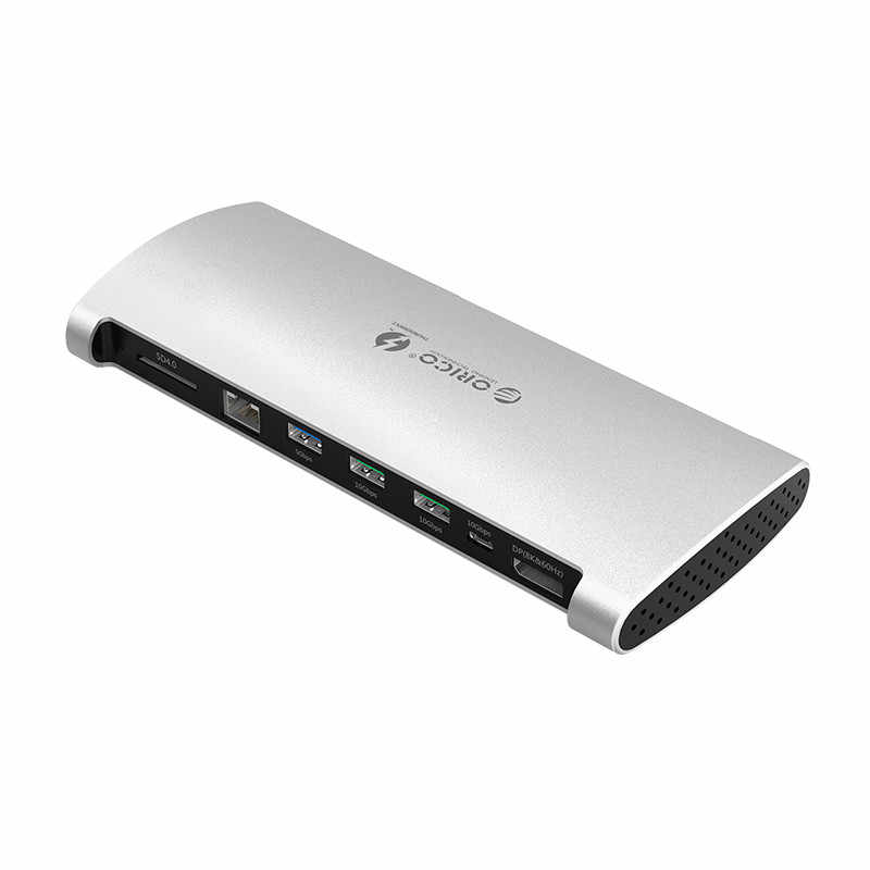 Док-станция Orico TB3-S1, Thunderbolt3->USB-A 3.0 х 1 (5 ГБ), USB-A 3.1 х 2 (10 ГБ), USB-C 3.1 х 1 (10 ГБ) , SD х 1 (до 2 ТБ), DP х 1 (8K при 60 Гц) , RJ45 х 1 (1000 Мбит / с), Thunderbolt3 х 1 (40 ГБ, 15 Вт), серебристый (TB3-S1-SV)