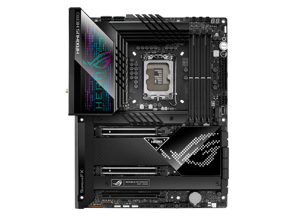 

Материнская плата ASUS ROG MAXIMUS Z690 HERO, Socket1700, Intel Z690, 4xDDR5 DIMM, 3PCI-Ex16, 6SATA3, 7.1-ch, 2.5GLAN, 10 USB 3.2, 4 USB Type-C, HDMI, ATX, Retail, ROG MAXIMUS Z690 HERO