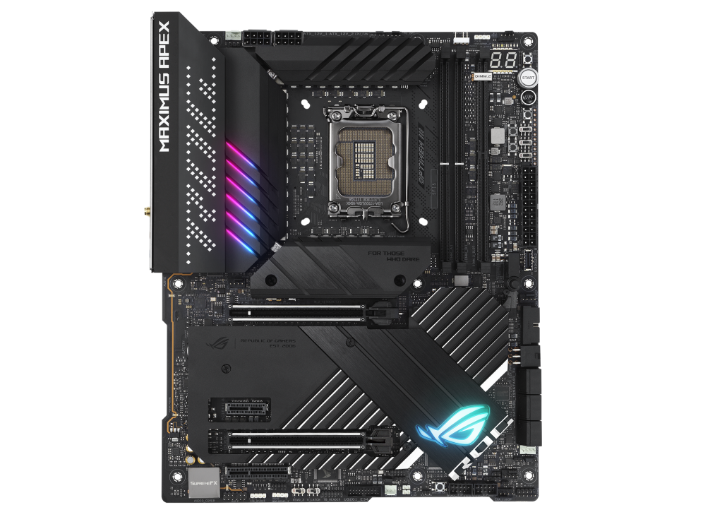 

Материнская плата ASUS ROG MAXIMUS Z690 APEX, LGA1700, Intel Z690, 2xDDR5 DIMM, 2PCI-Ex16, 6SATA3, 7.1-ch, 2.5GLAN, 13USB 3.2, USB Type-C, ATX, Retail, ROG MAXIMUS Z690 APEX