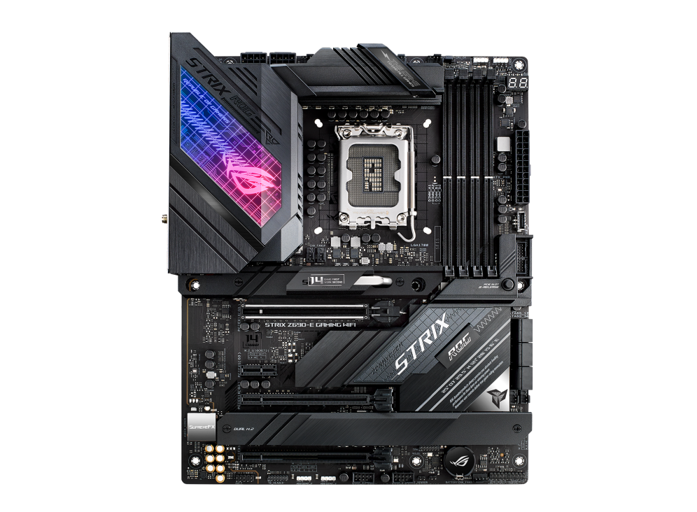 

Материнская плата ASUS ROG STRIX Z690-E GAMING WIFI, Socket1700, Intel Z690, 4xDDR5 DIMM, 3PCI-Ex16, 6SATA3, 7.1-ch, 2.5GLAN, 9 USB 3.2, 2 USB Type-C, HDMI, DP, ATX, Retail, ROG STRIX Z690-E GAMING WIFI