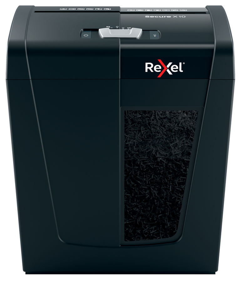 

Шредер Rexel Secure X10 EU, секретность 3/P-4, 180 см/мин., фрагменты - 4 мм x 4 см, объем 18 л, кол-во листов до 10 шт., скрепки, скобы, черный (2020124EU), X10 EU