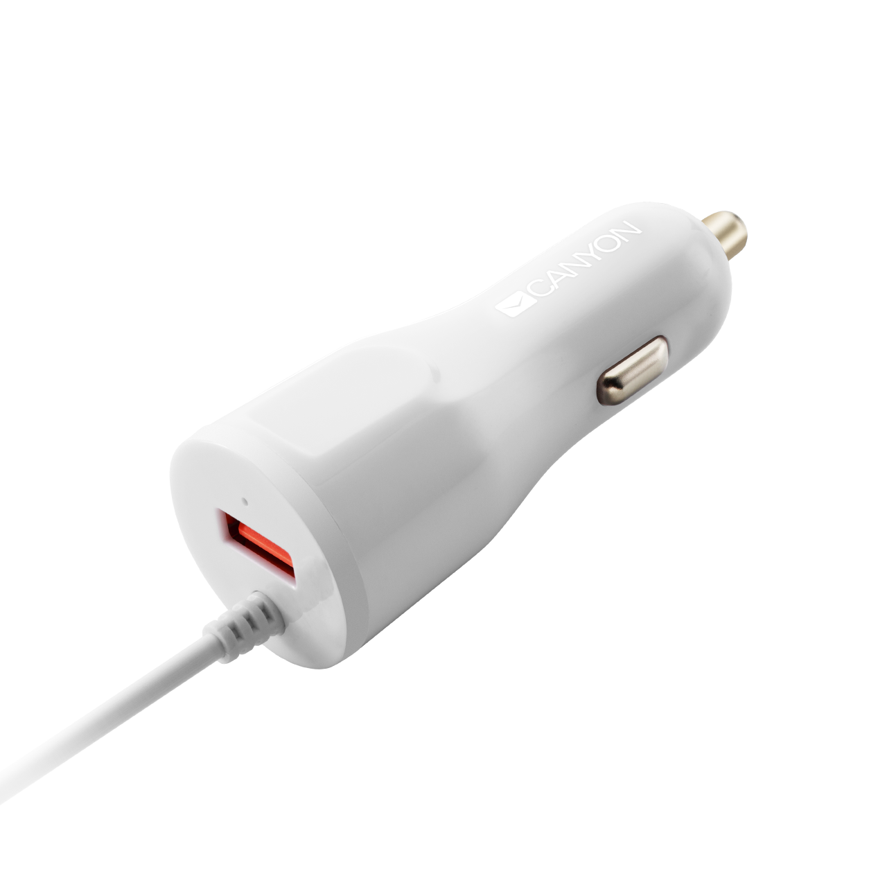 Автомобильное зарядное устройство CANYON C-033, USB, 2.4А, кабель Lightning 8-pin, белый (CNE-CCA033W)