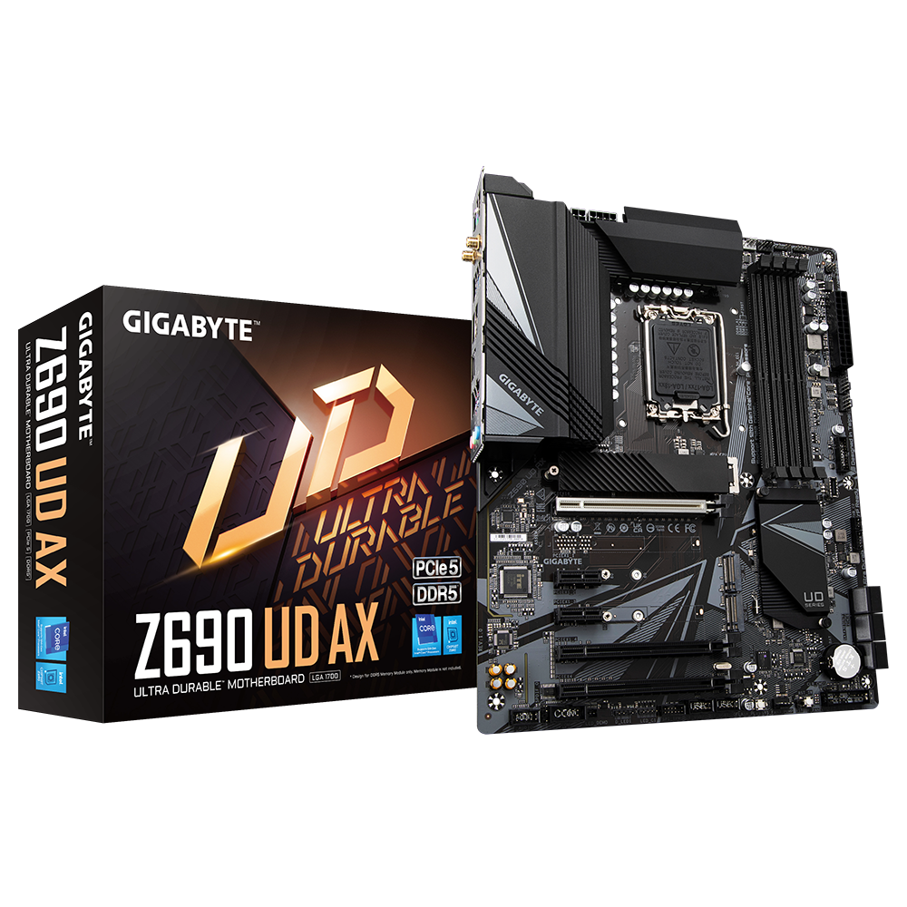

Материнская плата GIGABYTE Z690 UD AX, Socket1700, Intel Z690, 4xDDR5 DIMM, 3PCI-Ex16, 6SATA3, 7.1-ch, 2.5GLAN, 7 USB 3.2, 2 USB Type-C, HDMI, DP, ATX, Retail, Z690 UD AX