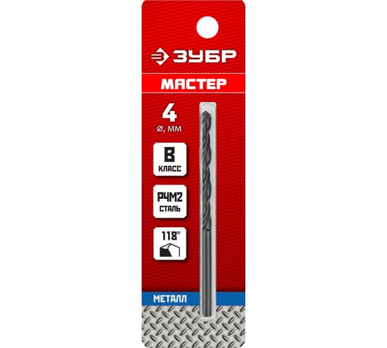 

Сверло ⌀4 мм x 7.5 см/4.3 см, Р4М2, по металлу, ЗУБР Мастер, 1 шт. (29605-4)