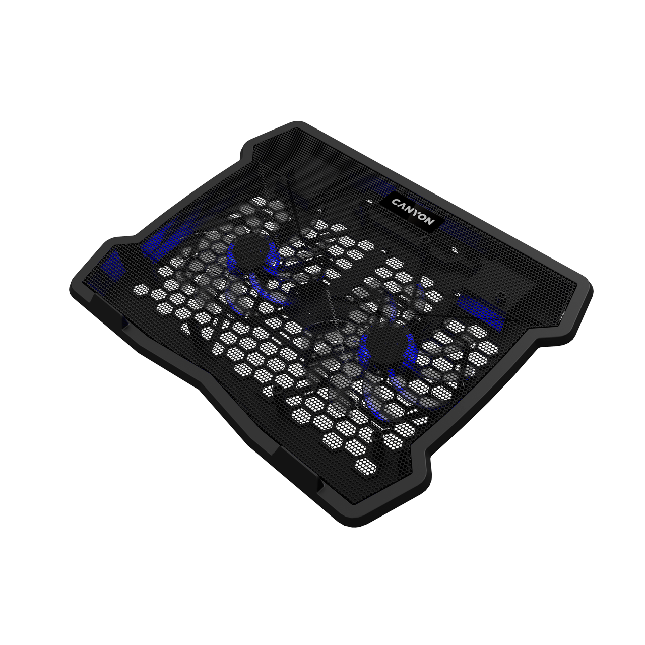 

Охлаждающая подставка для ноутбука 15.6" CANYON NS03, вентилятор: 2x120 mm, синяя подсветка, 2xUSB, металл, пластик, черный (CNE-HNS03), NS03
