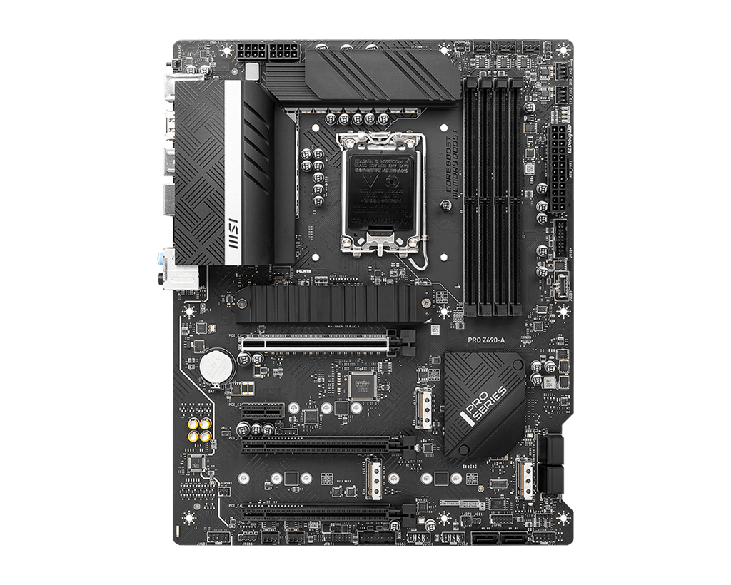 

Материнская плата MSI PRO Z690-A, Socket1700, Intel Z690, 4xDDR5 DIMM, 3PCI-Ex16, 6SATA3, 7.1-ch, 2.5GLAN, 7 USB 3.2, 2 USB Type-C, HDMI, DP, ATX, Retail, PRO Z690-A