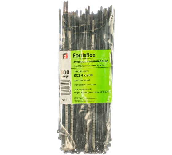 

Стяжка FORTISFLEX, 4 мм x 200 мм, 100 шт., с металлическим зубом, черный (61337)