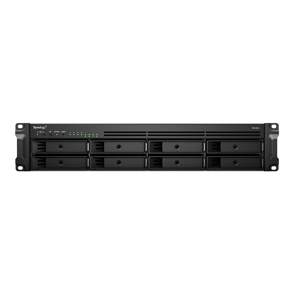 

Сетевой накопитель (NAS) Synology RS1221+, слоты 8x2.5"/3.5" SATA3, RAID 0/1/5/6/10/JBOD/SHR, 4x1 Гбит/с, 2xUSB 3.0, AMD Ryzen V1500B/4x2.2GHz, DDR4 SODIMM 4Gb, 250W, 2U, (RS1221+), RS1221+