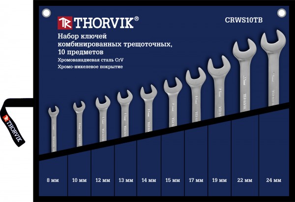 Набор ключей комбинированных трещоточных, предметов в наборе: 10шт., Cr-V, ключи: комбинированные - 10шт., сумка, Thorvik CRWS10TB (53468) - фото 1