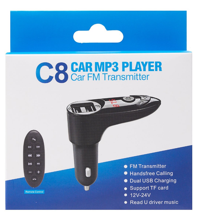 

FM-трансмиттер C8 -, Bluetooth, USB, AUX, microSD, ПДУ, Black, Черный, -