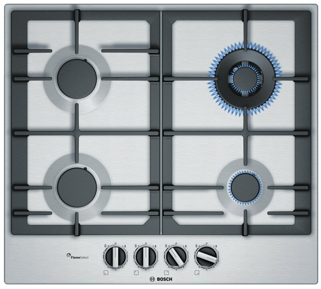 

Газовая варочная панель Bosch Serie 6 PCH6A5B90R, 4 конфорки, серебристая (PCH6A5B90R), PCH6A5B90R