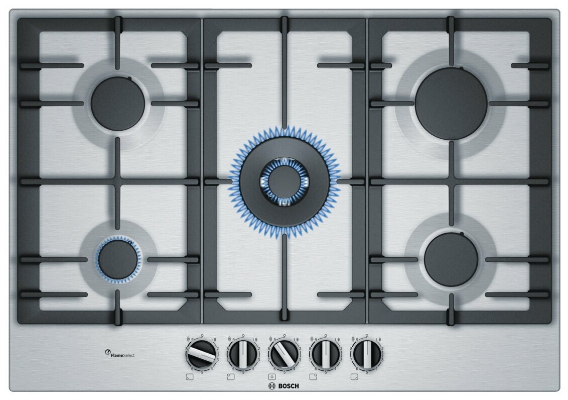

Газовая варочная панель Bosch Serie 6 PCQ7A5B90 5 конфорок, серебристая (PCQ7A5B90), PCQ7A5B90