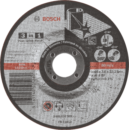 

Диск отрезной BOSCH - ⌀125ммx2.5мм x 22,23, вогнутый, по нержавеющей стали, 1шт. (2.608.602.389)