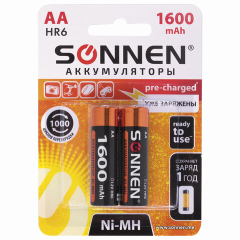 

Аккумулятор SONNEN HR6, AA, 1.2V 1.6 А·ч, 2 шт. (454233), HR6