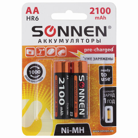 

Аккумулятор SONNEN HR6, AA, 1.2V 2100mAh, 2шт. (454234), HR6