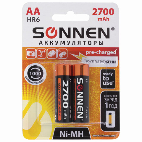 

Аккумулятор SONNEN HR6, AA, 1.2V 2700mAh, 2шт. (454235), HR6