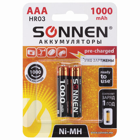 

Аккумулятор SONNEN HR03, AAA, 1.2V 1000mAh, 2шт. (454237), HR03