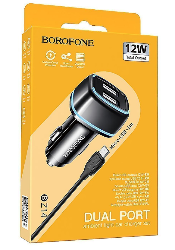 

Автомобильное зарядное устройство Borofone BZ14, 2xUSB, 3А, 12 Вт, QC, кабель microUSB, черный, BZ14