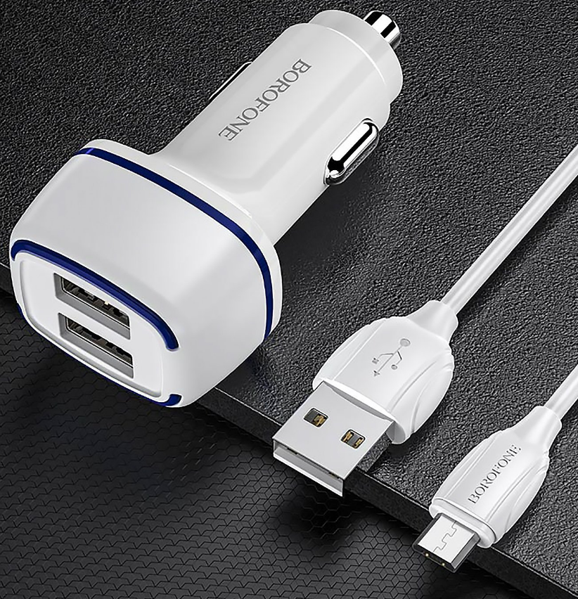 Автомобильное зарядное устройство Borofone BZ14, 2xUSB, 3А, 12 Вт, QC, кабель microUSB, белый