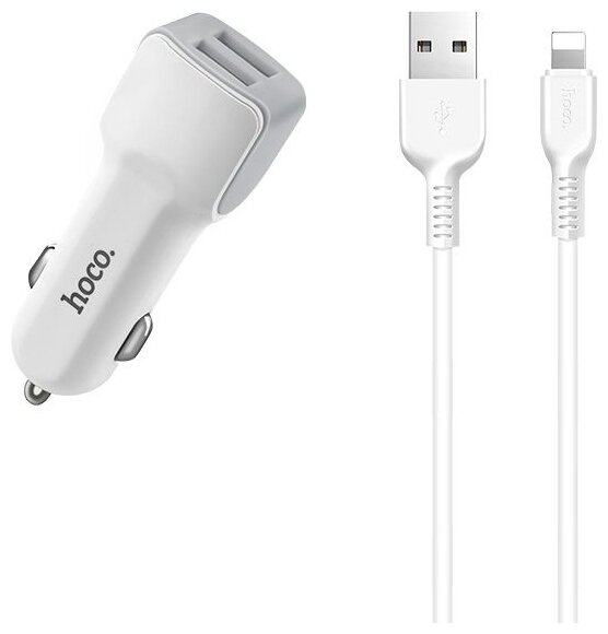 Автомобильное зарядное устройство Hoco Z23, 2xUSB, 2.4А, 12 Вт, кабель Lightning 8-pin, белый