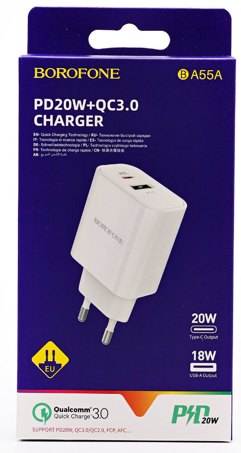 

Сетевое зарядное устройство Borofone BA55A Crown 20 Вт, USB, USB type-C, Quick Charge, PD, 2.1А, белый, BA55A Crown