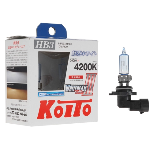 

Лампа автомобильная галогенная Koito Whitebeam, 65Вт, 12В, HB3, 4200K, 2шт. (P0756W)
