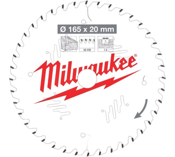 

Пильный диск Milwaukee, ⌀165мм x 20мм по дереву, 40Т, 1шт. (4932471932)