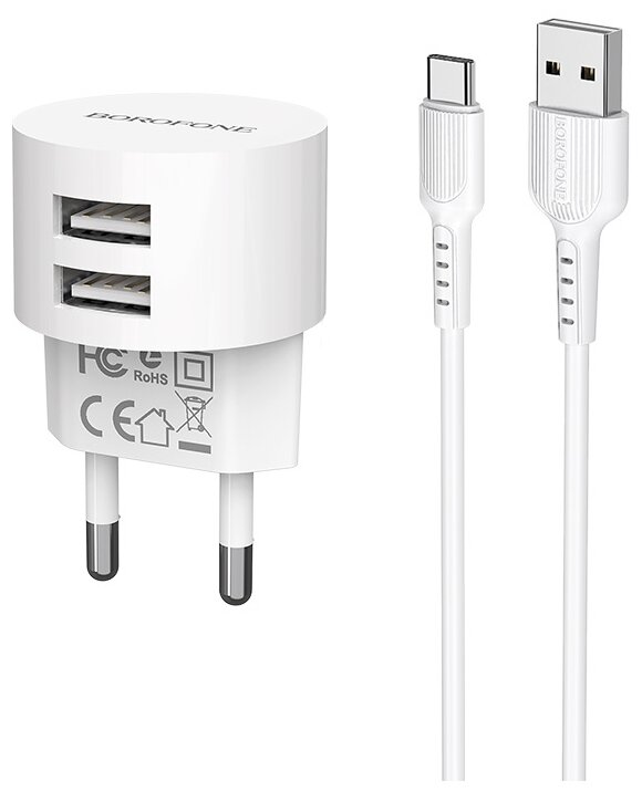 

Сетевое зарядное устройство Borofone BA23A 10W, 2USB, USB type-C, 1.5A, белый, BA23A