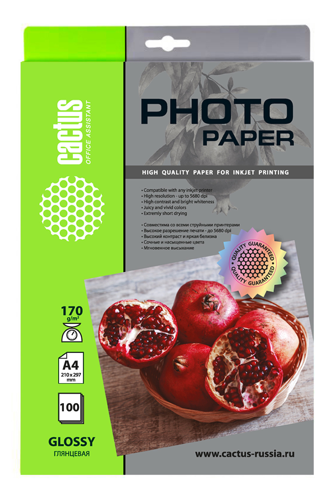 

Фотобумага A4 170 г/м² глянцевая, 100 листов, односторонняя, Cactus Photo Paper CS-GA4170100 для струйной печати
