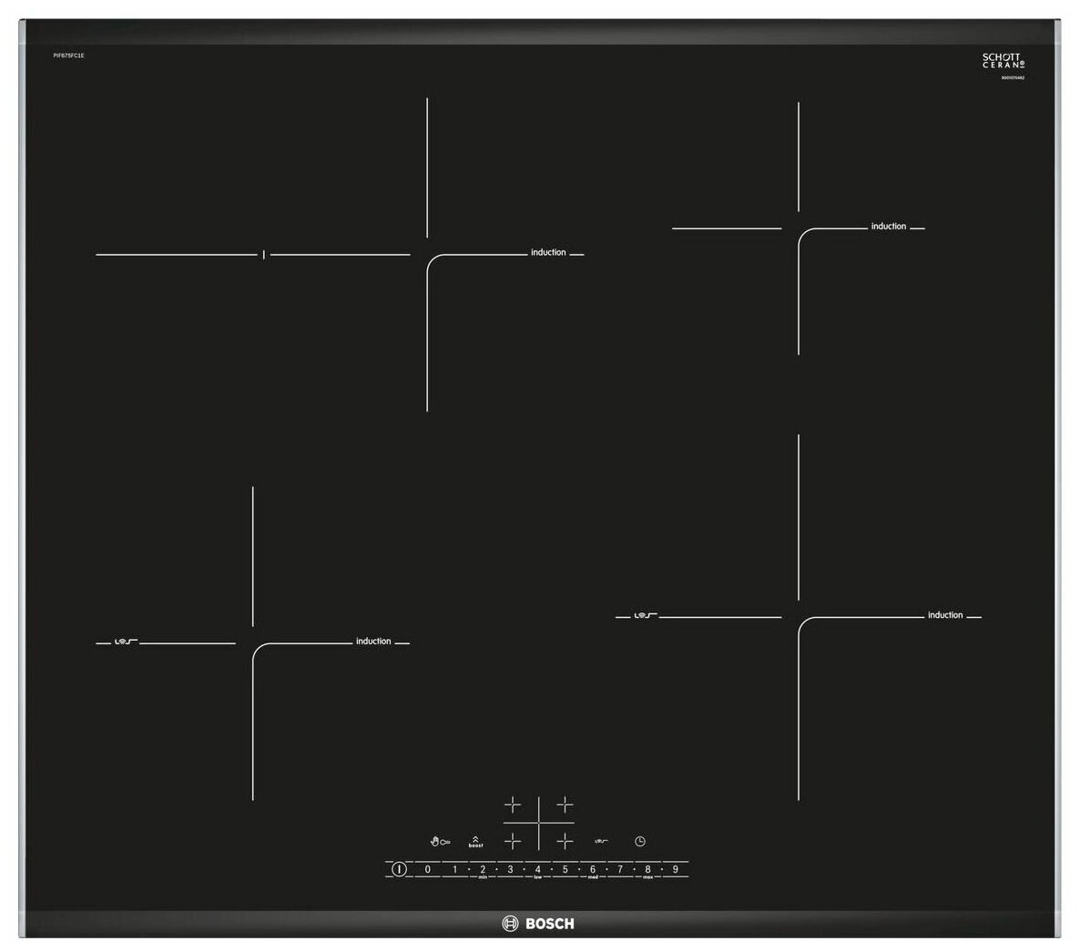 

Индукционная варочная панель Bosch Serie 6 PIF675FC1E 4 конфорки, черный (PIF675FC1E), Черная, PIF675FC1E