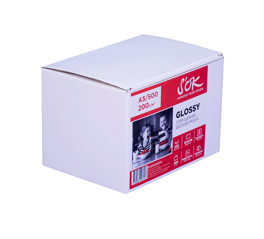 

Фотобумага A5 200г/м² глянцевая, 500 листов, односторонняя, S'OK Glossy Photo Paper SA5200500G для струйной печати