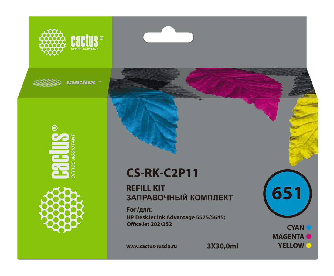 

Заправочный набор струйный Cactus CS-RK-C2P11/CS-RK-C2P11, 3x30 мл, голубой/ пурпурный/ желтый для HP ENVY 5640 HP ENVY 5642 HP ENVY 5643 HP ENVY 5644 HP ENVY 5646 HP ENVY 5660 HP ENVY 5665 Eaio HP ENVY 7640 HP ENVY 7645 HP ENVY 8000 HP ENVY 8005 HP Offic