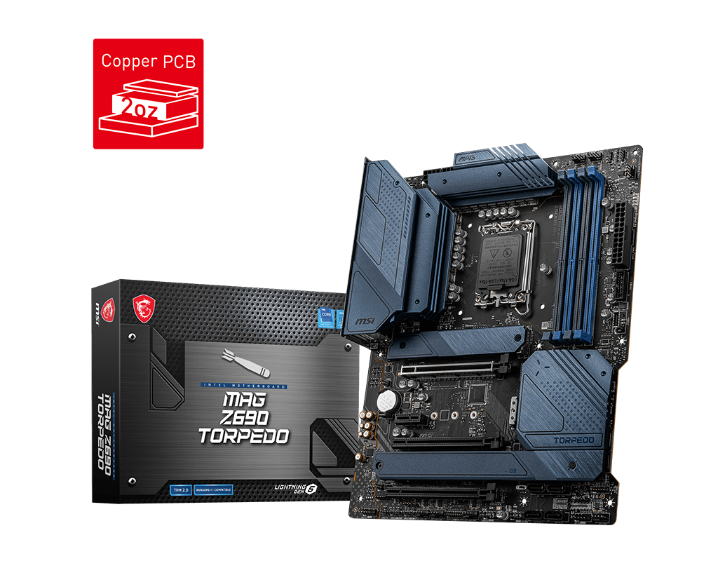 

Материнская плата MSI MAG Z690 TORPEDO, Socket1700, Intel Z690, 4xDDR5 DIMM, 3PCI-Ex16, 6SATA3, 7.1-ch, 2.5GLAN, 2 USB 3.0, 3 USB 3.2, 1 USB Type-C, HDMI, DP, ATX, Retail, MAG Z690 TORPEDO