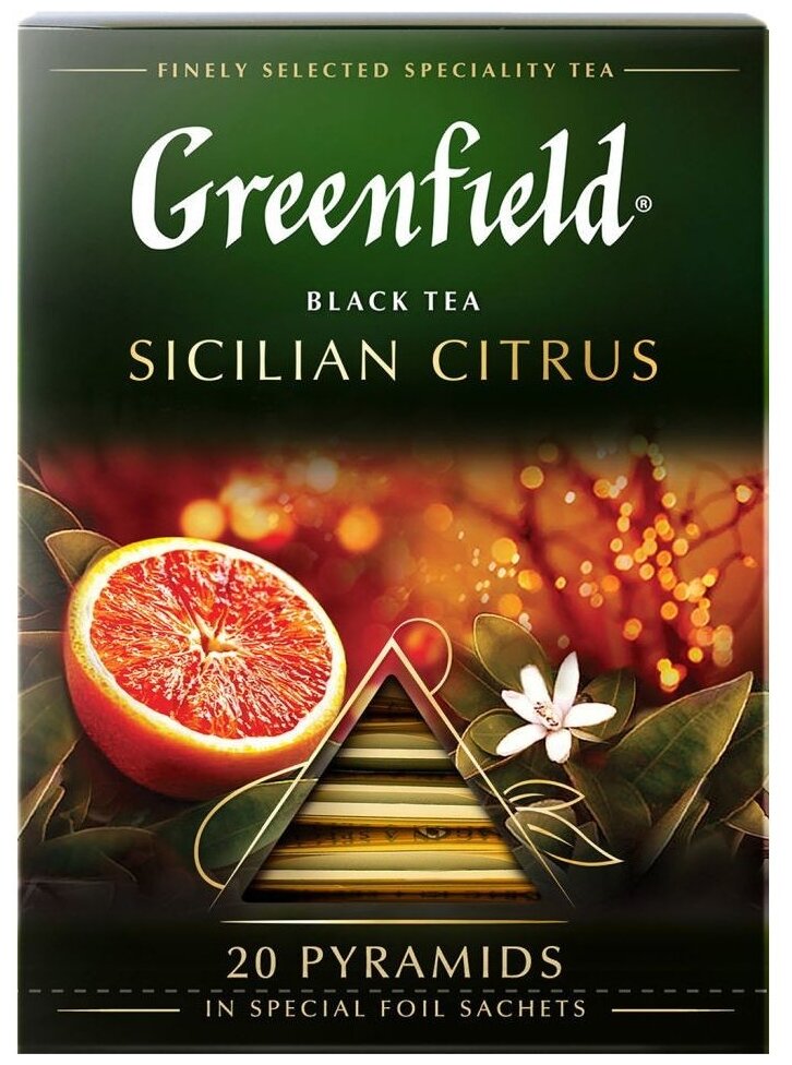 

Чай в пакетиках черный Greenfield Sicilian Citrus пирамидка, 20шт.x1.8г, красный апельсин (1158-08), Sicilian Citrus