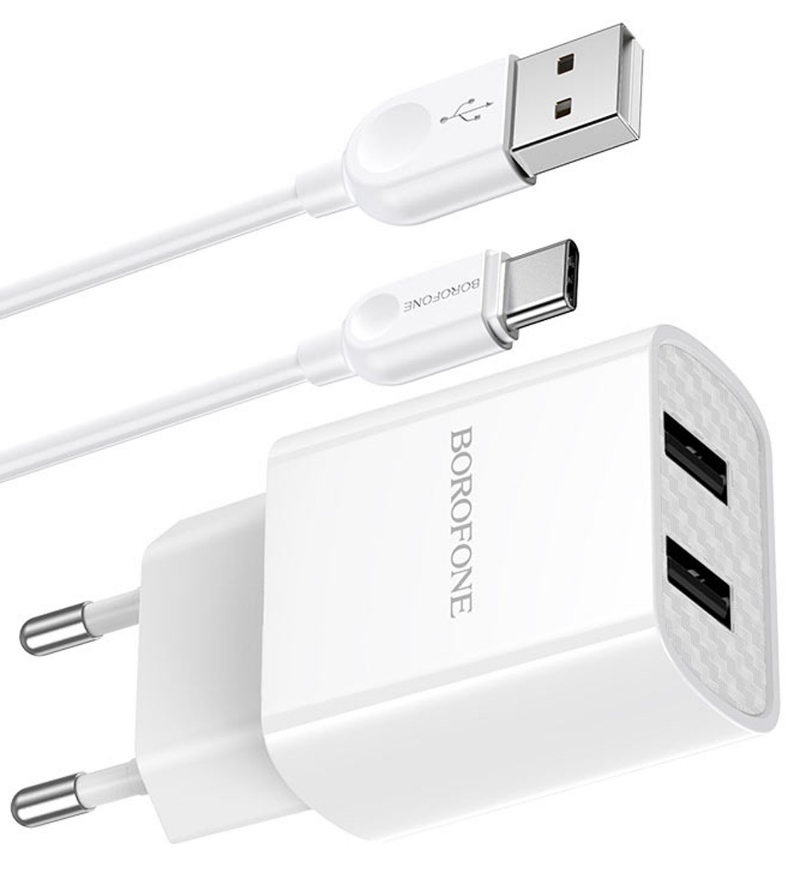 

Сетевое зарядное устройство Borofone BA53A 10W, 2USB, 1.5A, белый, кабель USB Type C, BA53A