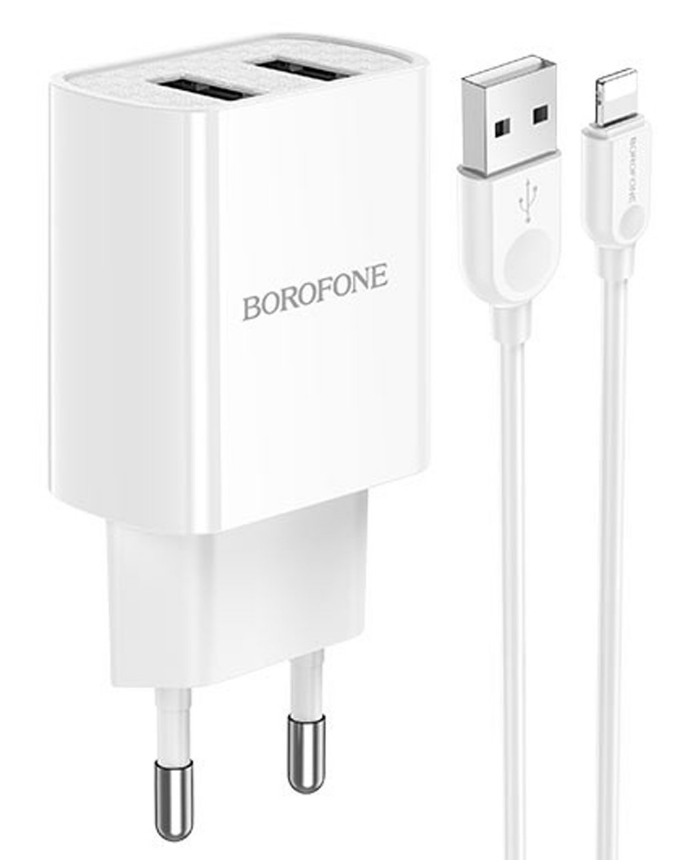 

Сетевое зарядное устройство Borofone BA53A 15W, 2USB, 1.5A, белый, кабель Lightning, BA53A