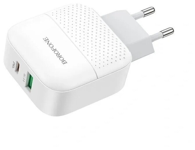 

Сетевое зарядное устройство Borofone BA46A 15 Вт, USB, USB type-C, Quick Charge, PD, 3А, белый, кабель Lightning/Type-C, BA46A
