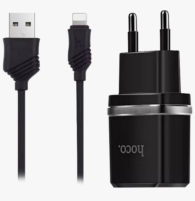 

Сетевое зарядное устройство Hoco c12 12W, 2USB, 1.5A, черный, кабель Lightning, c12